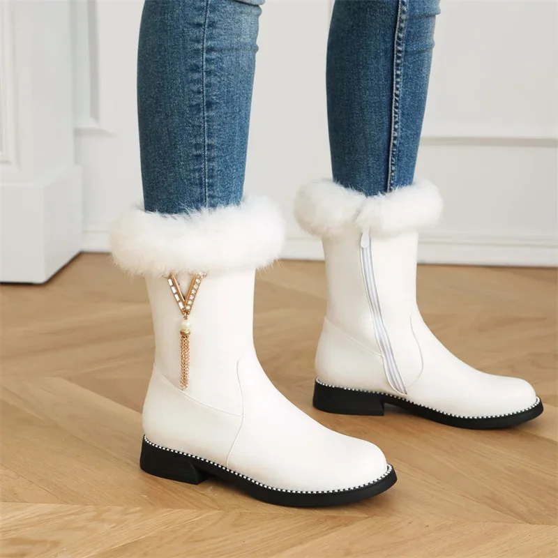 Winter 2024 Free Ship Lolita Style Fur Ladies Ankle Snow Boots Girls Low Heel Zipper Metal Decation Party Princess Shoes 7-12+y