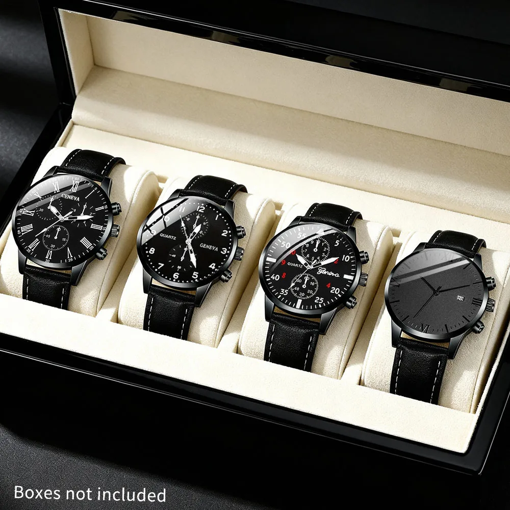 4PCS casual and fashionable men's round dial quartz watch combination, suitable for daily wear