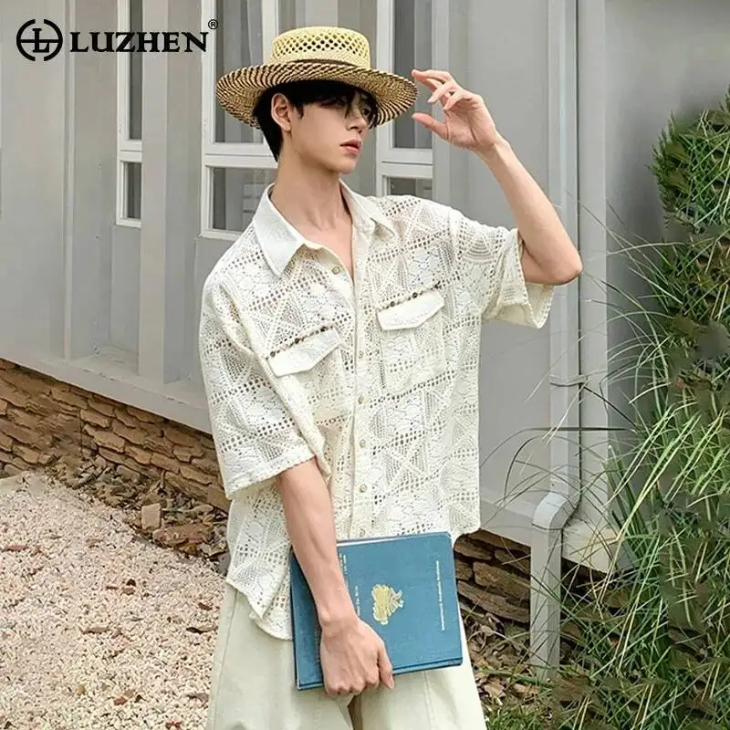 

LUZHEN 2026 Summer Original Mesh Hollow Out Pattern Short Sleeve Shirt Men's Stylish Breathable Loose Elegant Casual Tops JY6694