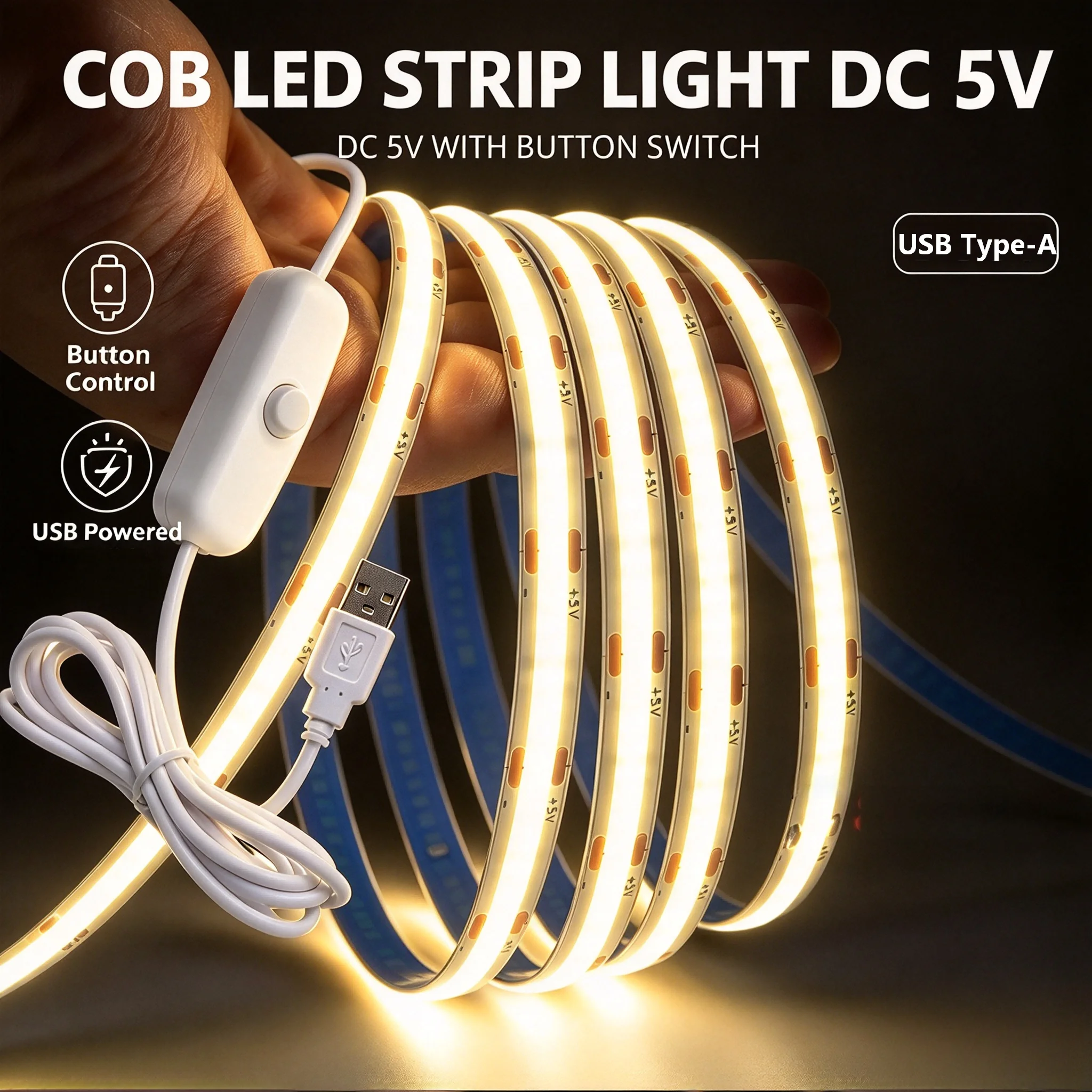 1 Roll of Cob Led Light Strip with Button Switch, Physical Button Switch, White Light/Warm Light/Natural Light, 0.3m to 5m Meters, Can Be Cut and Pasted, Suitable for Kitchen Cabinets, Display Cabinets, Desks, Under-Ca