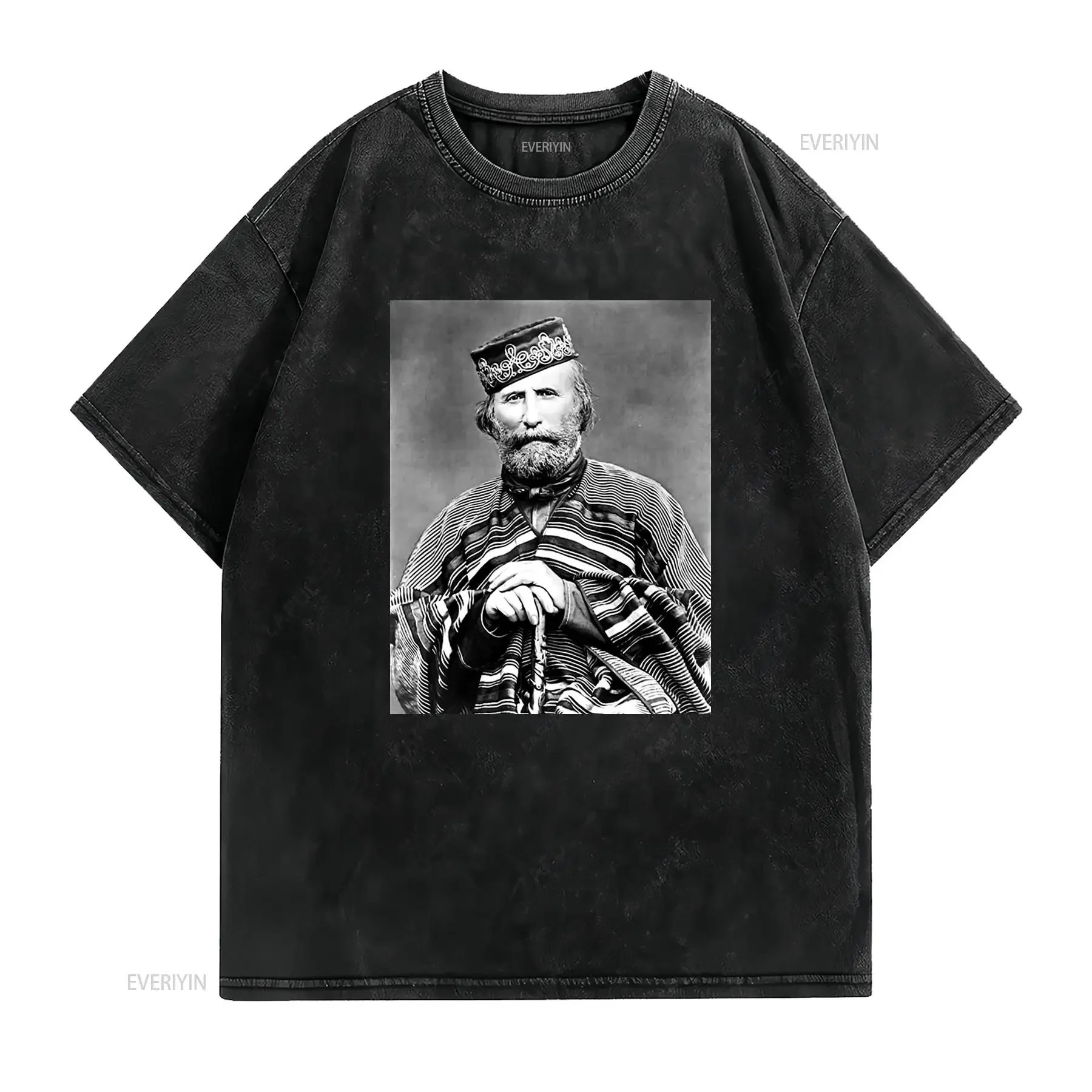 Vintage Black White Giuseppe Garibaldi Historical Portrait Print Casual T Shirt vintage Washed Soft Breathable homme
