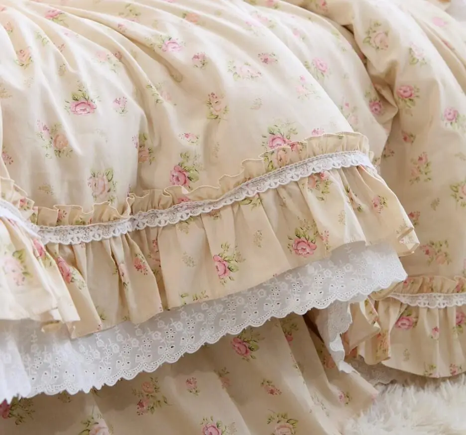 Imagem -05 - Conjunto de Cama Floral Americano Algodão Egípcio Elegante Ruffle Lace Duvet Cover Saia de Cama Colcha Fronhas Luxo High End