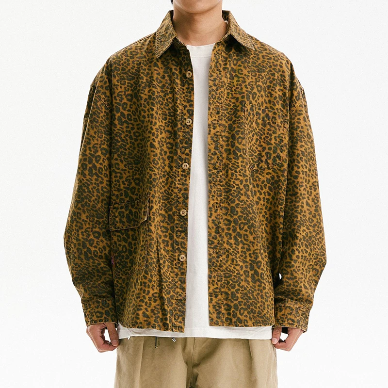 100% Heavy Cotton Men Leopard Shirt Long Sleeve Turn Down Collar Casual Shirts ‌Camisa Para Hombre