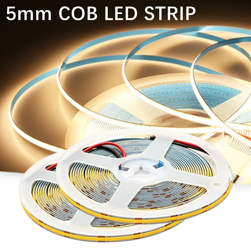 5mm PCB COB LED Strip 12V 24V Tape Light With DC Plug/ 2pin Wire Dimmable Linear Lighting High Density Lamp Ultra Thin