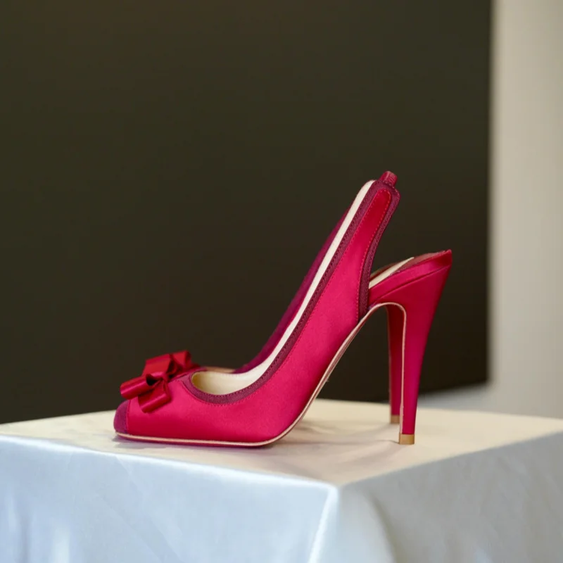 Vintage Satin Red Back Straps Pumps Bow-Knot Ballet Closed-Toe Sandals Square Toe Elegant Women Shoes