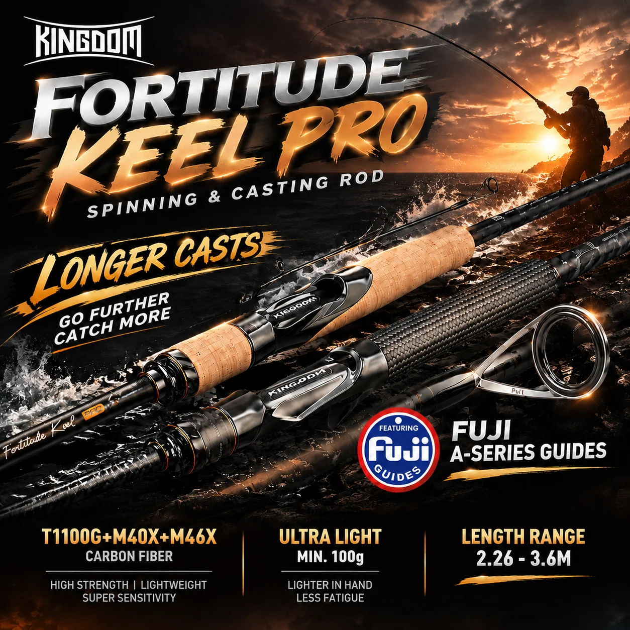 KINGDOM Fortitude Keel Pro Fishing Rod 2.26M-3.6M Carbon FUJI A Guide M M+ MH Long Casting Spinning Casting Lure Fishing Rod