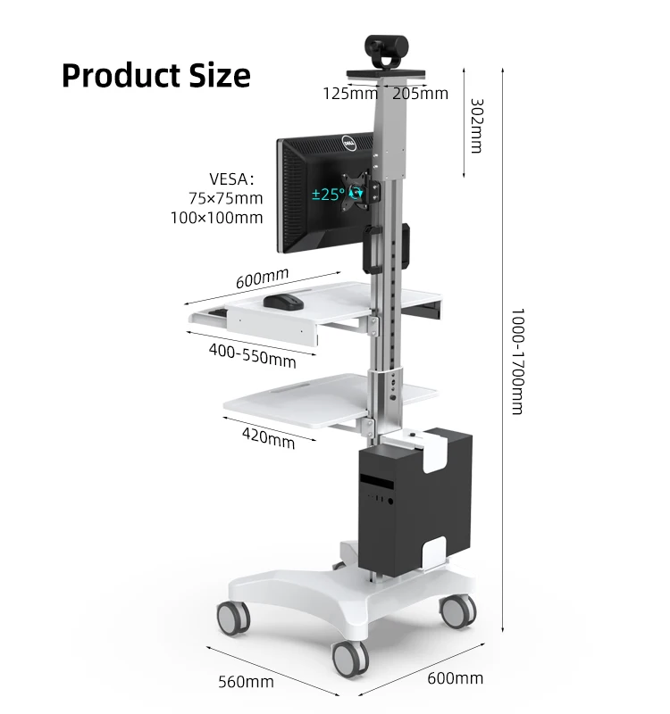 

Height Adjustable Hospital Mobile Computer Cart Medical Monitor Cart Telemedicine Terminals for Hospital Home Office School