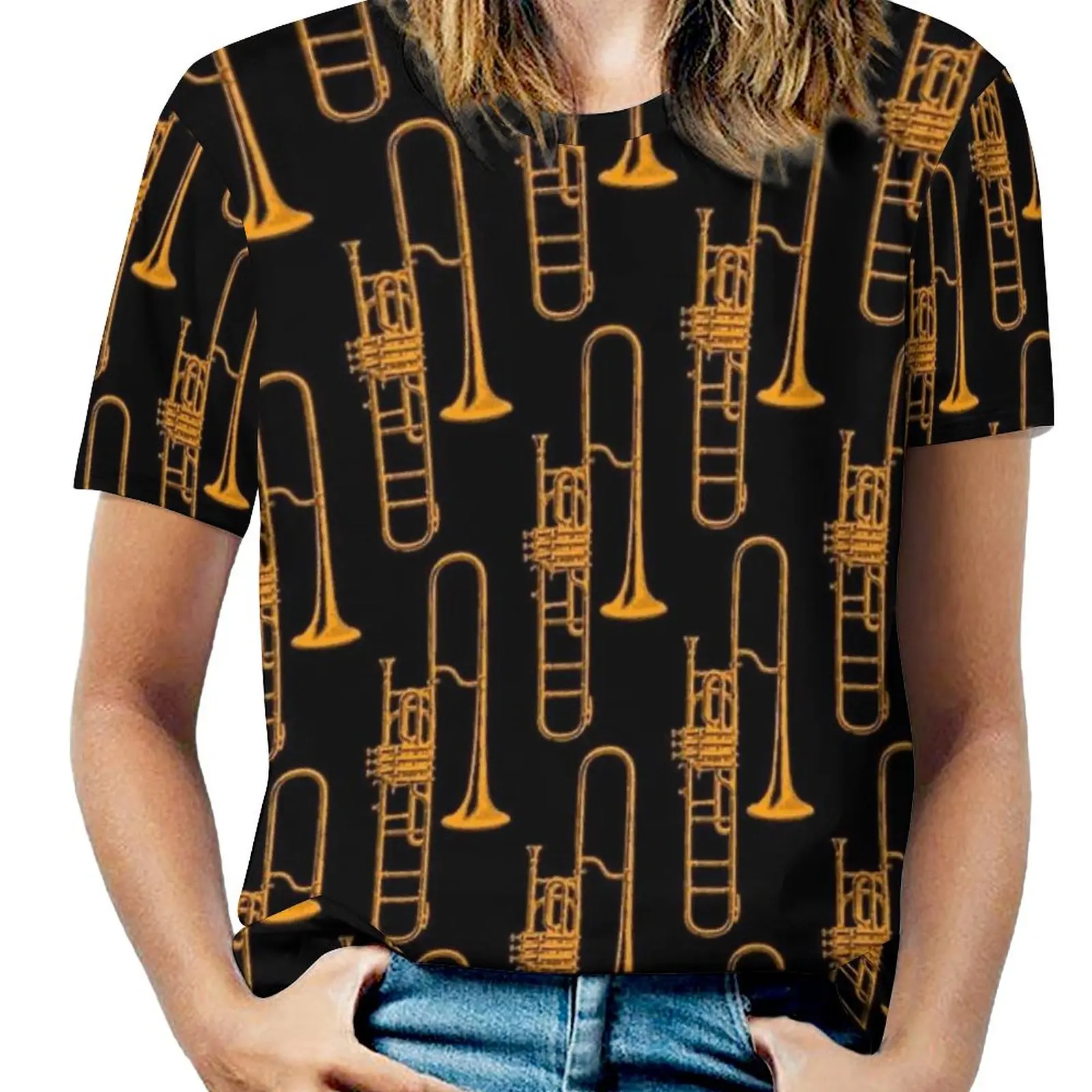 Trombone Fashion Print Women Ladies Girls T-Shirt Harajuku Round Neck Short Sleeve Tops & Tees Trombone Brass Instrument