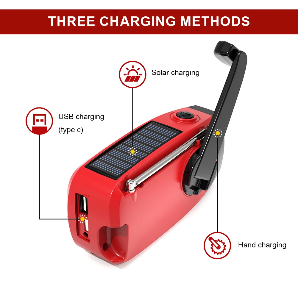 Radio portátil multifunción con manivela, dispositivo Solar, USB, FM/AM/WB, linterna de emergencia, Banco de energía, 2000mAh