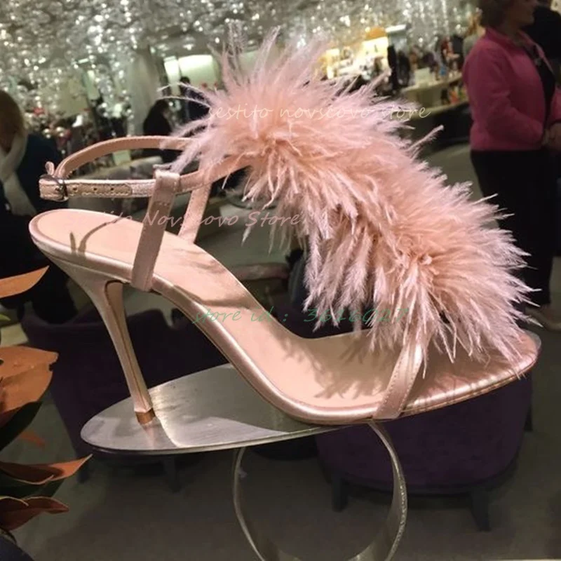 

Open Toe Feathers Sandals Stiletto High Heels T Straps Shallow Summer Party Pumps Ankle Buckle Dress Sexy Women Single Shoes