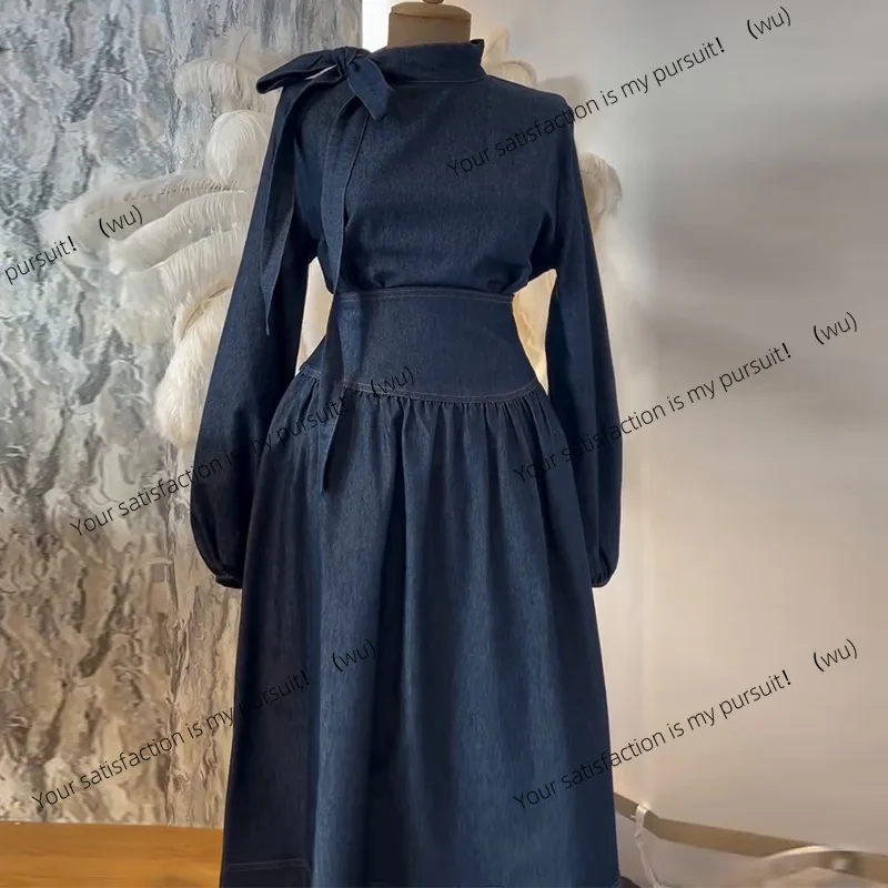 

ZOCI-Женское тонкое джинсовое платье с длинными рукавами и талией в стиле ретро, большие качели