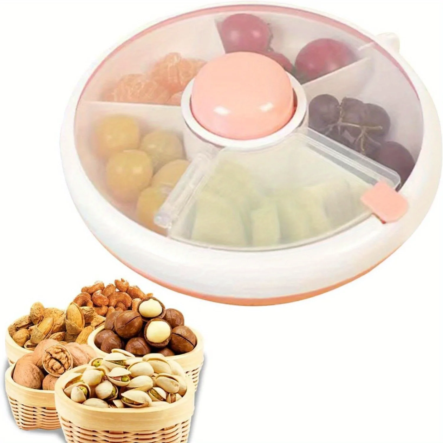 

Rotating Snack Box - Multifunctional Food Container, Fruit Snack Organizer, Dustproof Snack Spinner with 5 Compartment Dispense