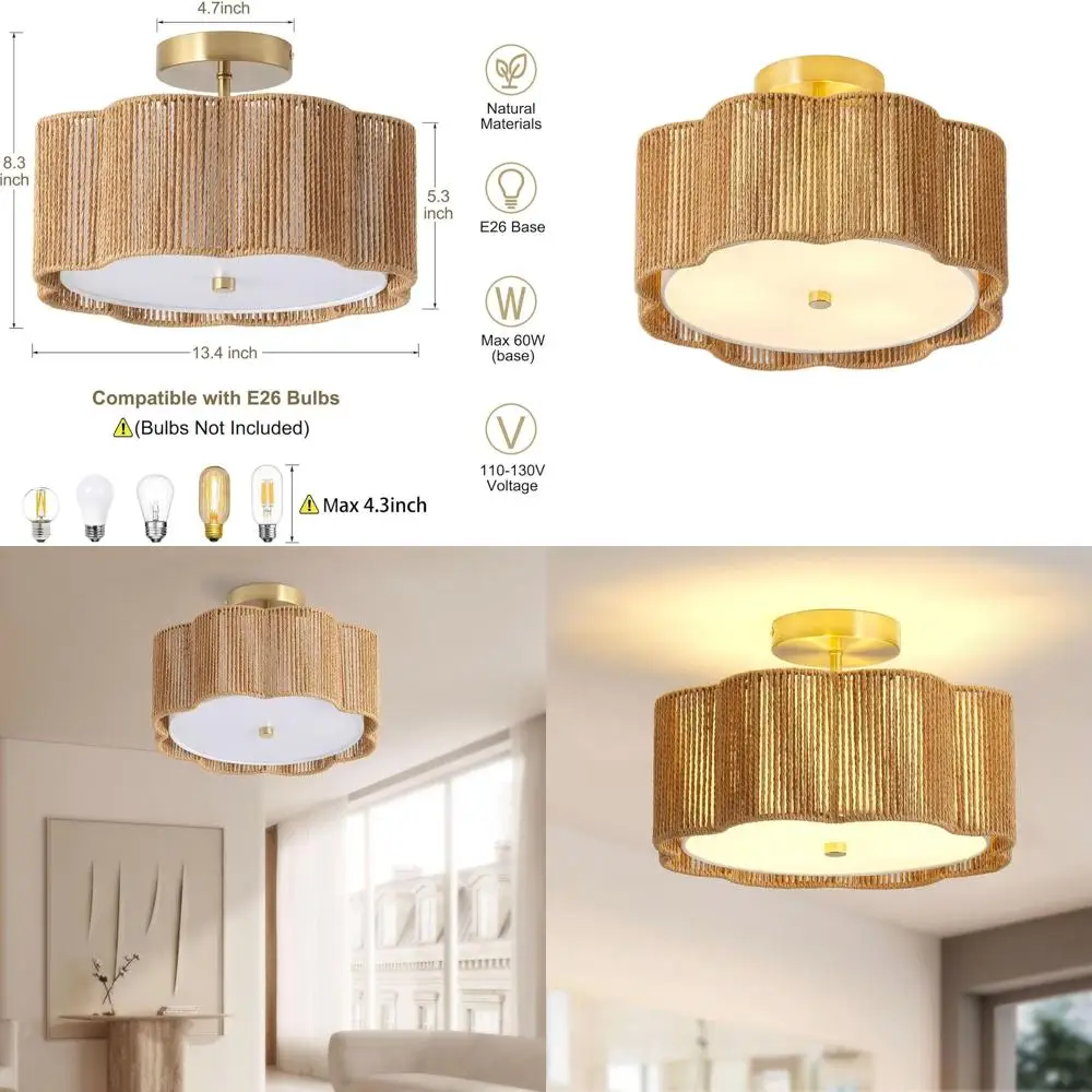 

Потолочный светильник в богемном стиле с 3 лампами из ротанга для прихожей, кухни, столовой и спальни (желтый)