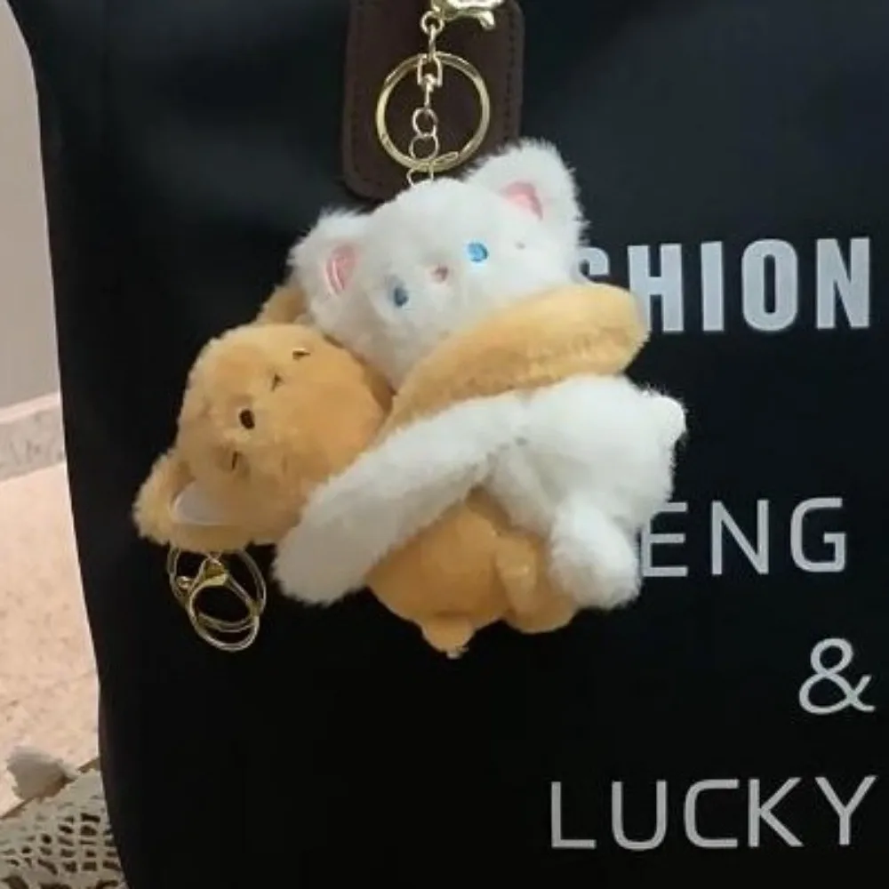 Backpack Decoration Couple Cartoon Keychains Stickable Kittens Puppies Cat Dog Plush Dolls Ornaments Embrace Love Hug