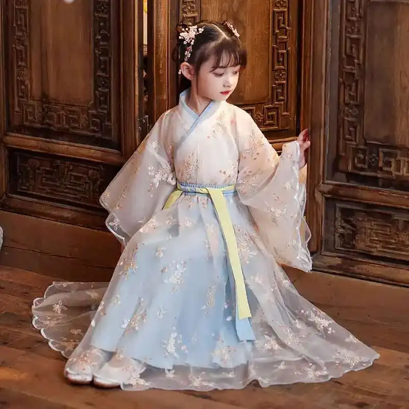 Chinese Zijden Gewaad Meisjes Kinderen Kimono China Traditionele Vintage Etnische Antieke Jurk Danskostuum Cosplay Hanfu Set