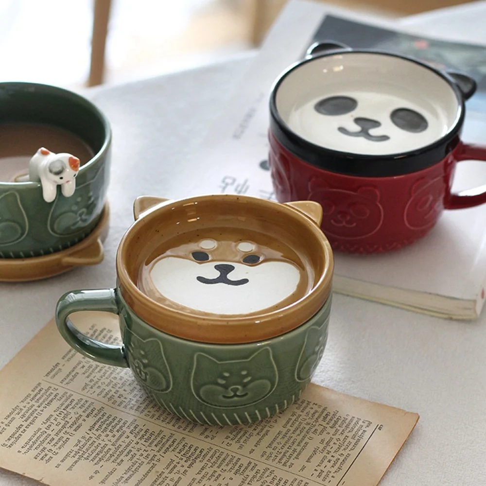 Japanese Cute Mug Creative Ceramic Shiba Inu Panda Coffee Cup with Lid Home Couple Milk Breakfast Cup Water Cup(Green)