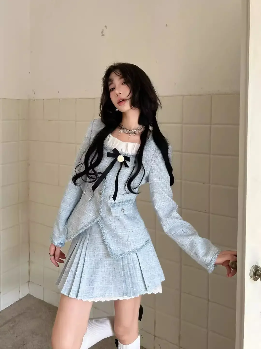 Autumn Winter Style Tea System Women's Set Half Skirt Outerwear Two-Piece Suit Small Fragrance Rich Girl Outfit 2025
