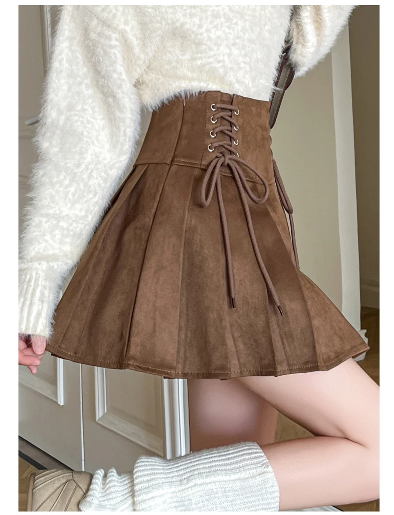 Women's 2025 New Collection Suede A-Line Skirts High Waisted Pleated Mini Flared Skirt for Autumn Winter, Casual Short Skirt