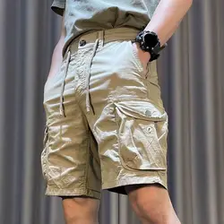 Functional Men Shorts Solid Color Men's Cargo Shorts with Elastic Waist Adjustable Drawstring Reinforced Pockets Straight Leg