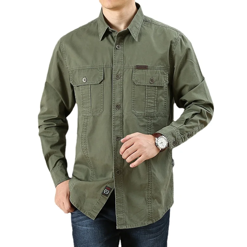 Men Long-sleeved Multi-pocket Tooling Shirts Male Cotton Military Outdoor Casual Shirts Good Quality Man Large Size Solid Shirts