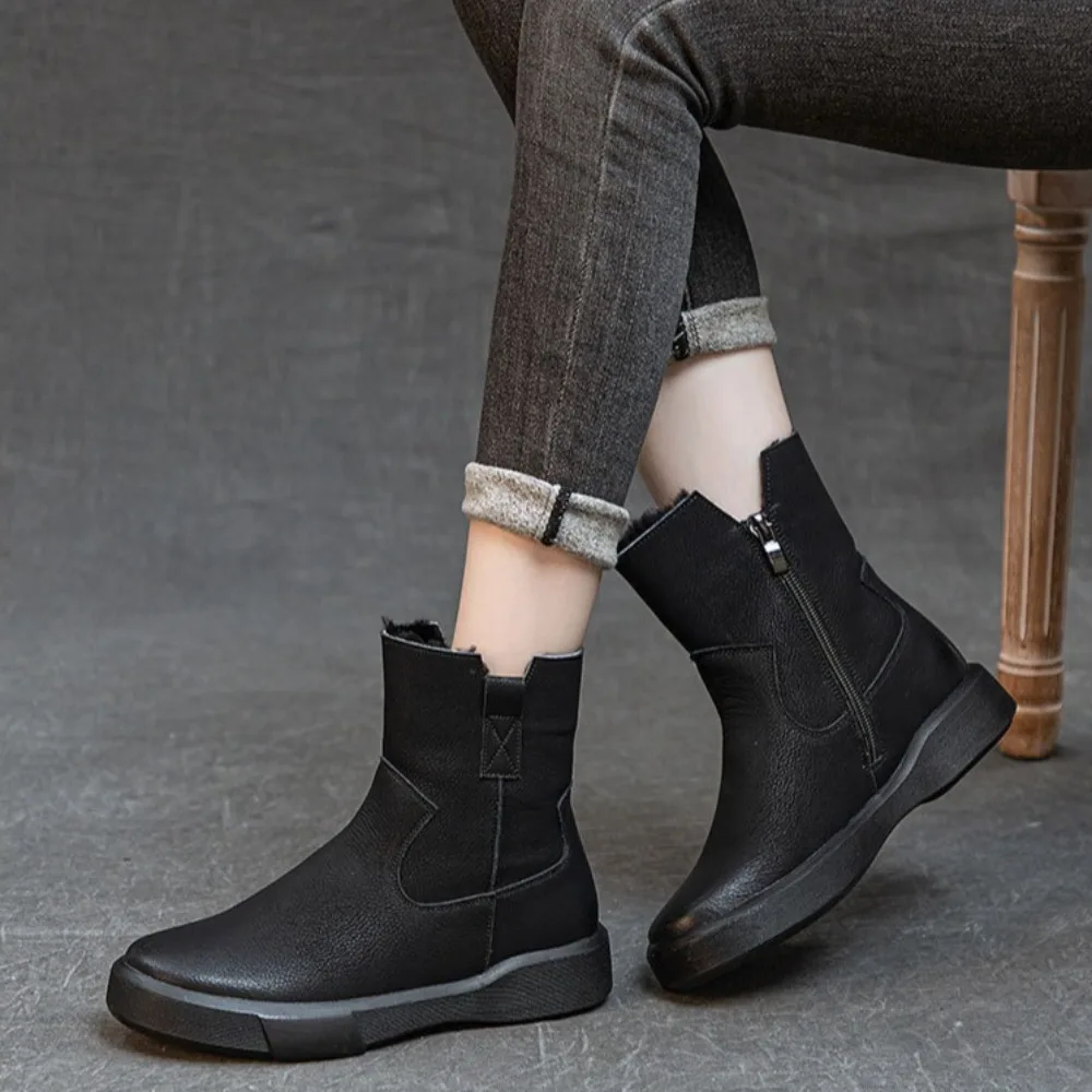 Leather Women's Boots Winter Warm Fur Integrated Thickened Snow Boots Thick Soled Low Boots Women Versatile Wool Women's Shoes