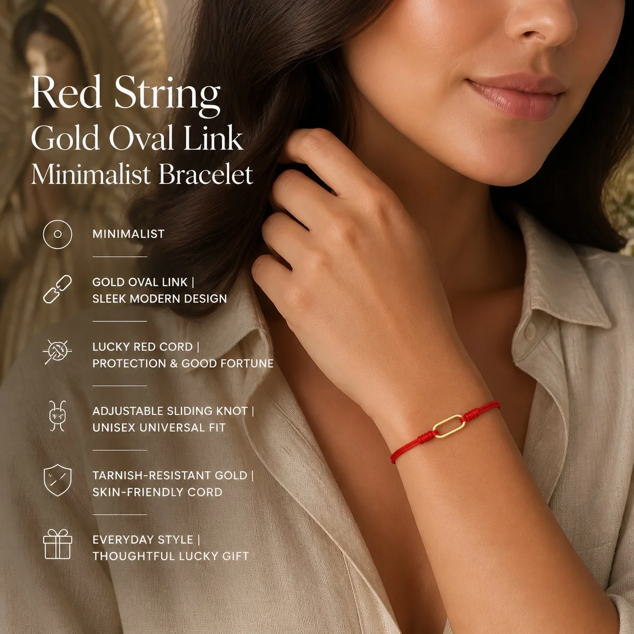 1pc Minimalist Red Cord Strand Bracelet with Gold Tone Geometric Link Zinc Alloy Lace-Up Closure for Unisex Styling