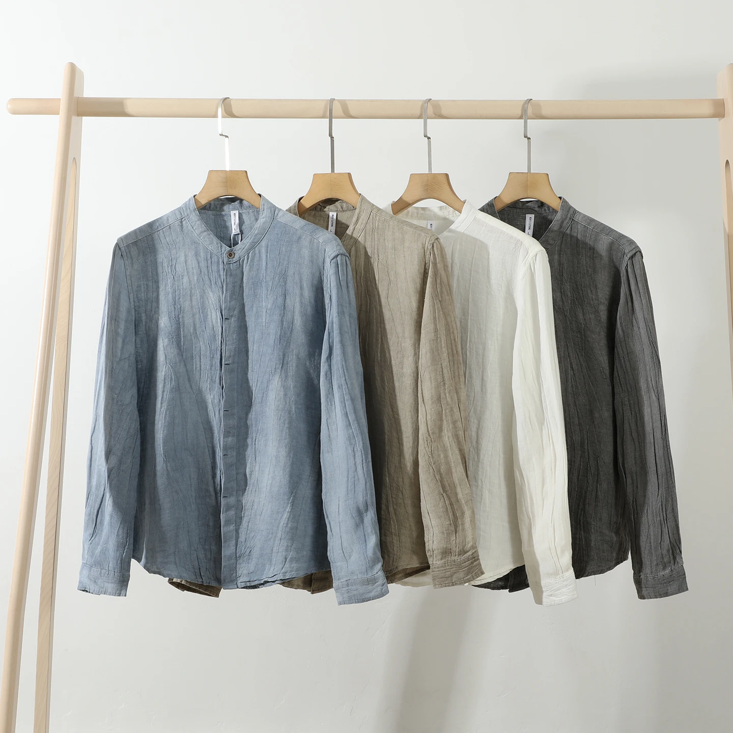 

Мужская легкая дышащая рубашка из льна в китайском ретро-стиле с воротником-стойкой, повседневная, с длинным рукавом, приталенного кроя