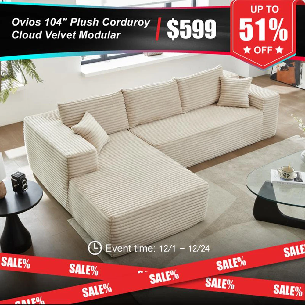 

104-inch L-Shaped Corduroy Sectional Sofa with Storage & Memory Foam, No Assembly Required