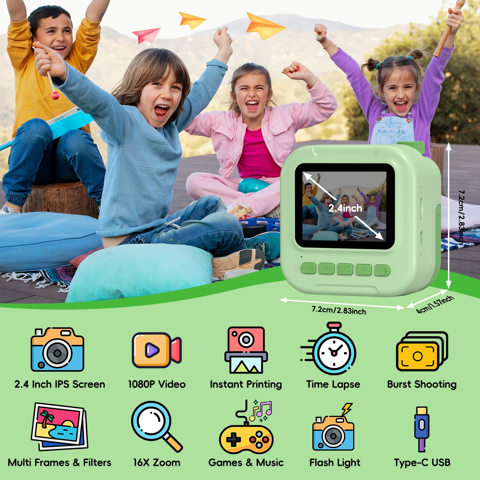 Aparat Cyfrowy dla Dzieci 1080P z Natychmiastowym Drukowaniem, Ekran IPS 2.4 Cala, Aparat do Selfie dla Chłopców i Dziewcząt