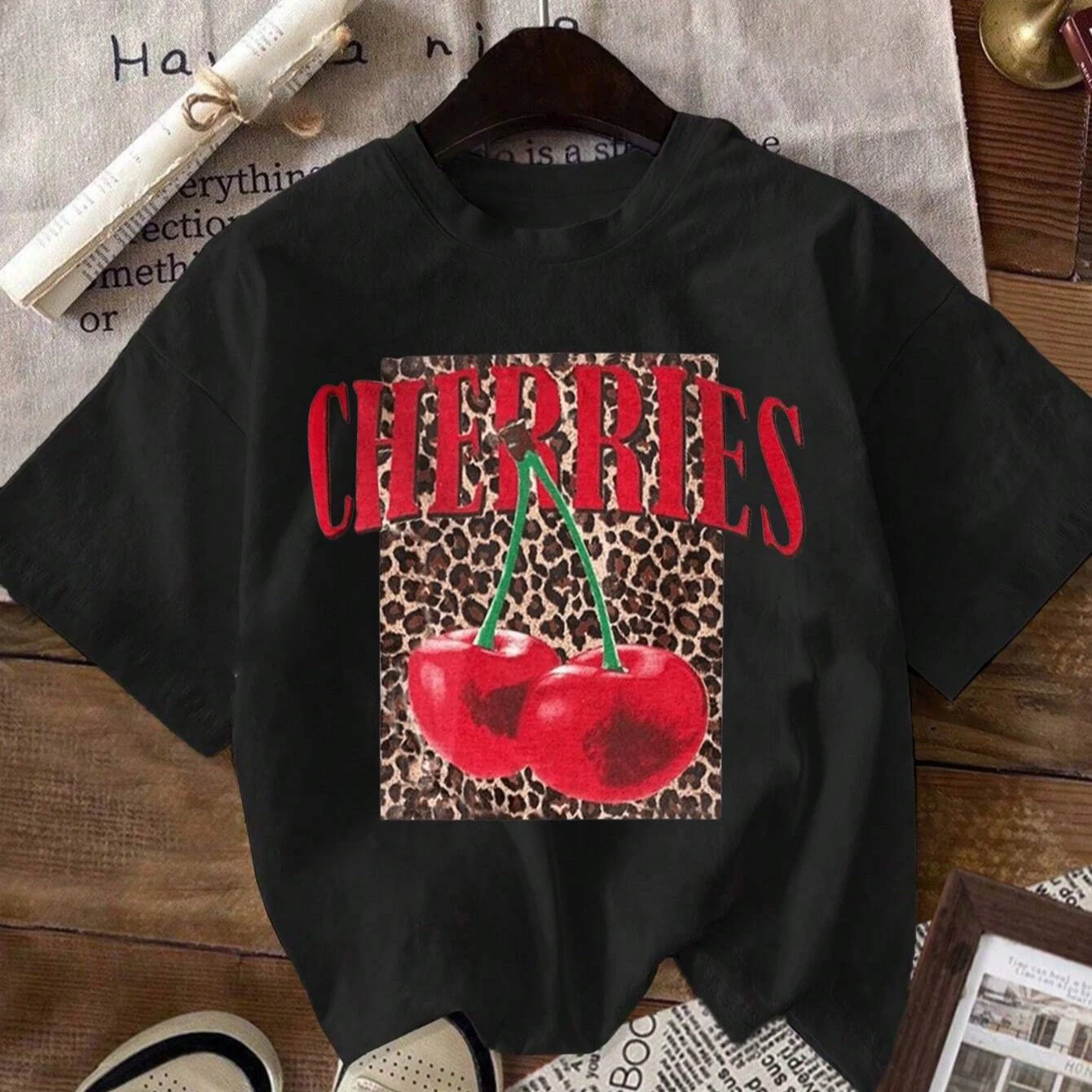 

2025 European and American Plus Size New Crew Neck Short Sleeve Leopard Print Cherry Letter Pattern Printed T-Shirt Ladies