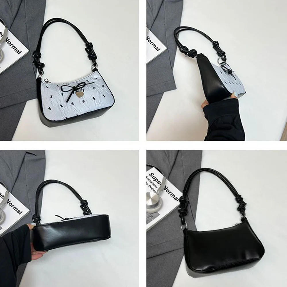 Korean-Style Sweet Bubble Gauze Bowknot Underarm Bag for Women, High-End Black and Pink Color-Blocking Shoulder Crossbody Bag, Commuter Bag