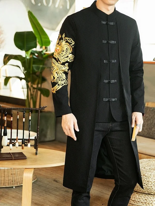 

Мужское демисезонное пальто средней длины в городском стиле, большие размеры, с вышивкой в стиле Ханьфу, имитация двухслойного костюма Чжунган