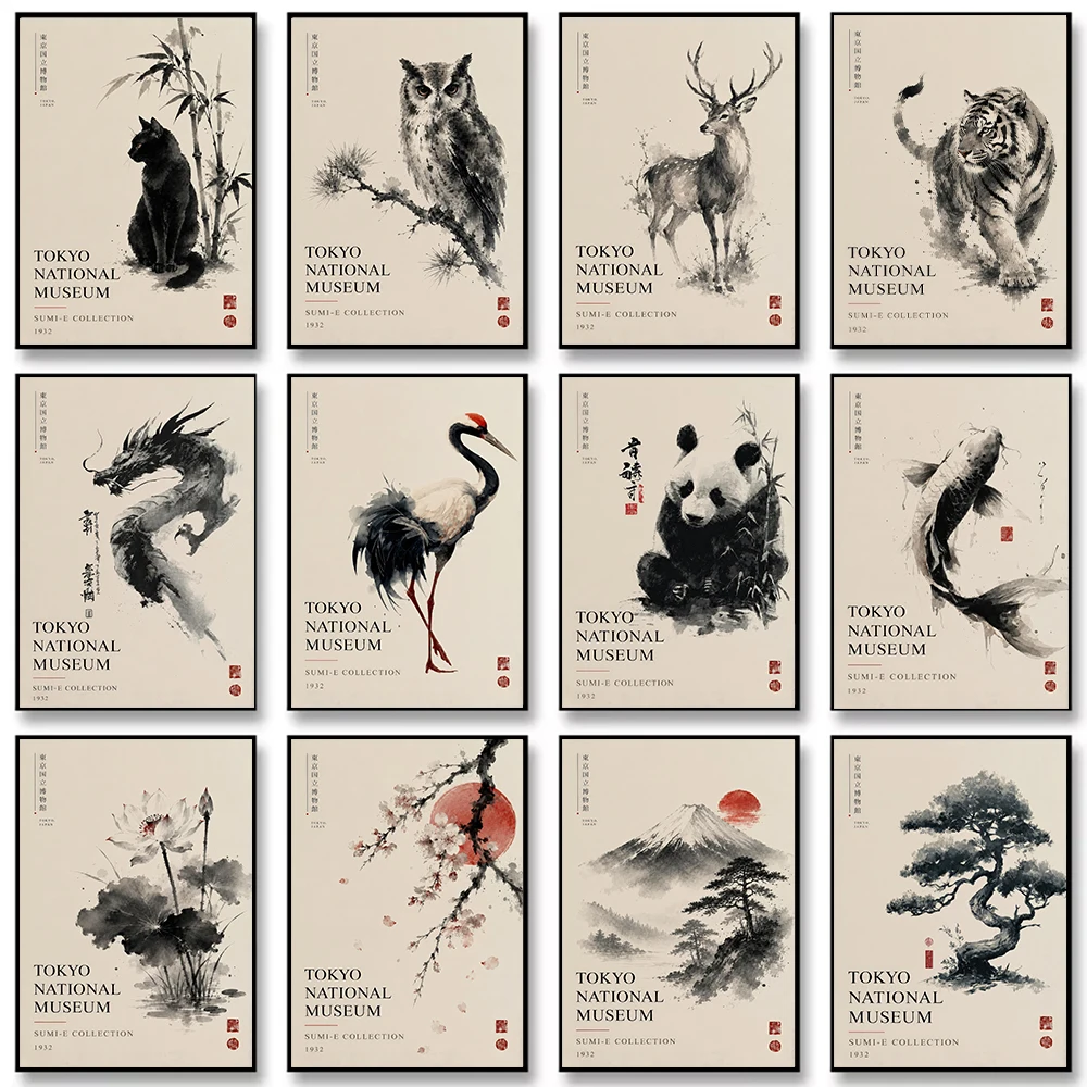 Japanese Ink Painting Decorations White Crane Black Cat Koi Canvas Painting Wall Art Poster Picture Home Decor Mural Cuadros