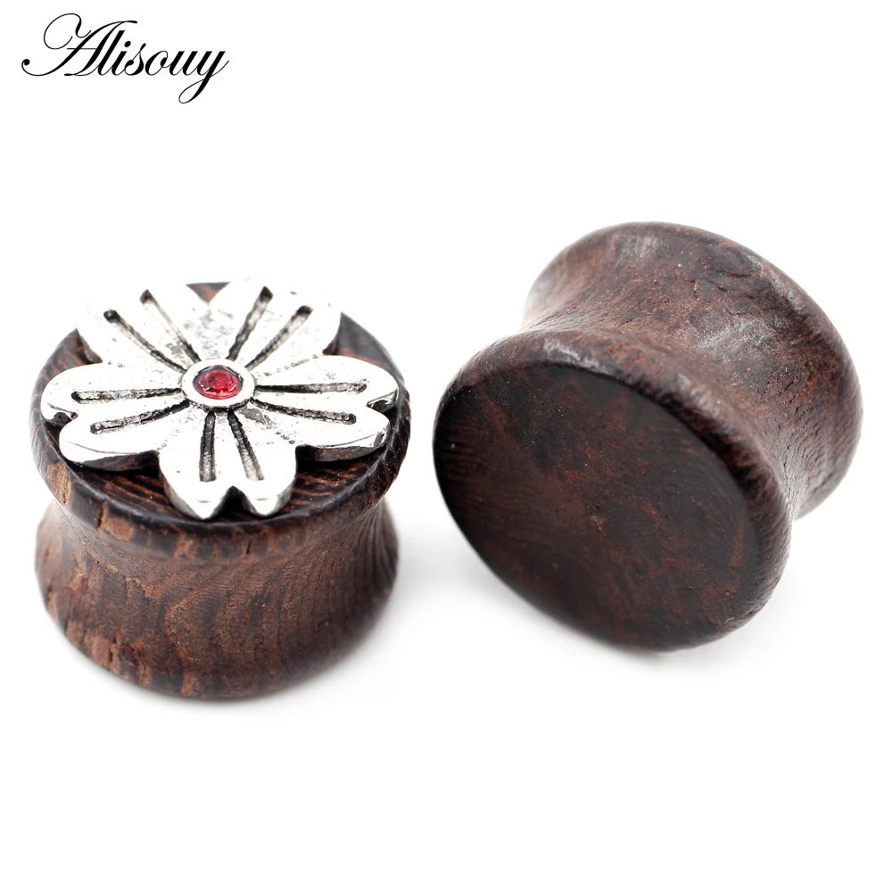 Alisouy 2pcs 8-20mm Star Flower Crystal Natural Wood Ear Tunnels Plugs Expander Stretchers Gauges Earrings Piercing Body Jewelry