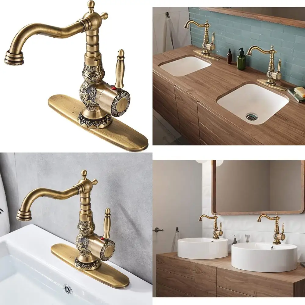 

Antique Brass Swivel Spout Faucet for Bathroom Vanity Sink Mixer Tap with Cover Plate, Traditional Style and Durable Design