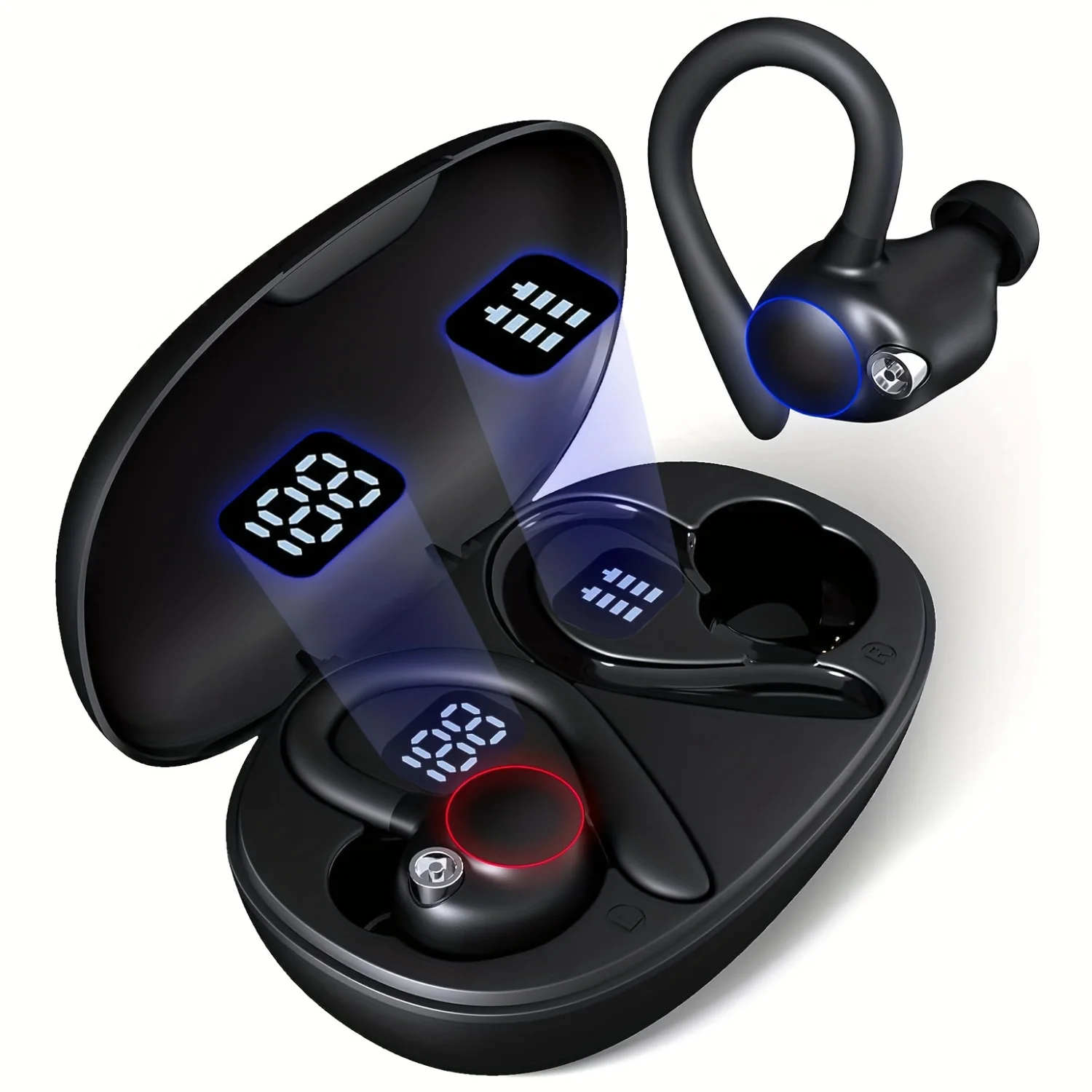 Wireless TWS Earbuds with Waterproof Sport Design & LED Battery Display Case - Over-Ear Stereo Headset with Earhooks Microphone 