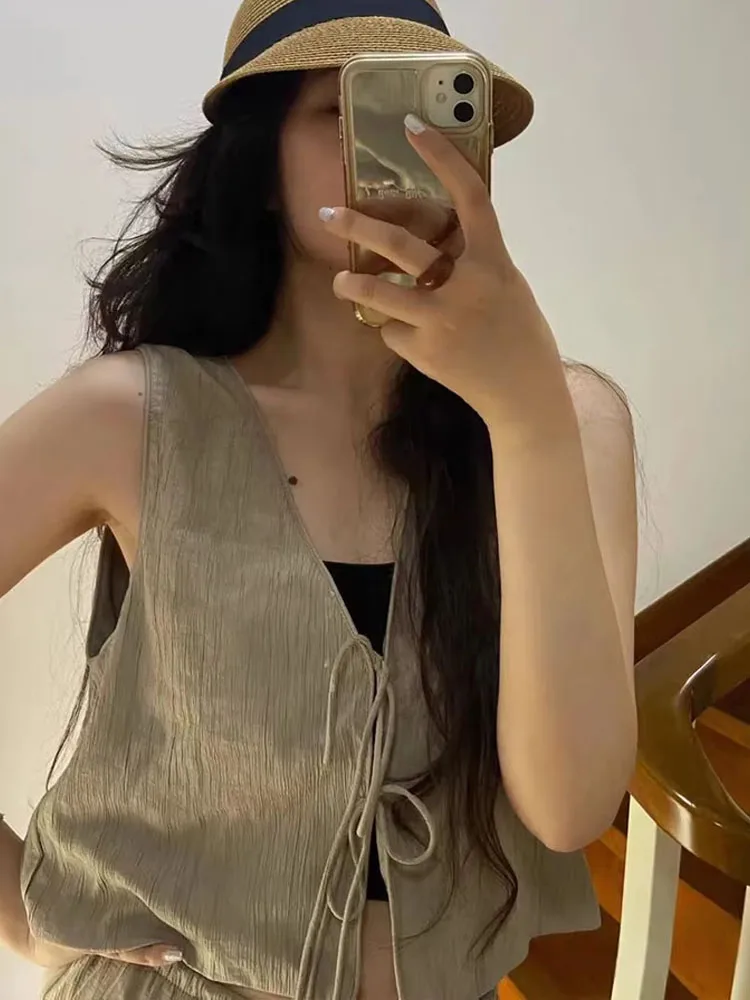 2024 Summer Women Brown V-Neck Sleeveless Lace Up Cardigan Slim Vest+ A Line Casual Loose Skirt 2 Pieces Set For Holiday