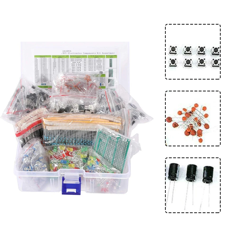 

1818 шт. полный комплект Электронных компонентов для энтузиастов «сделай сам», электролитический конденсатор с прямым разъемом, светодиодный, светоизлучающие диоды Trans
