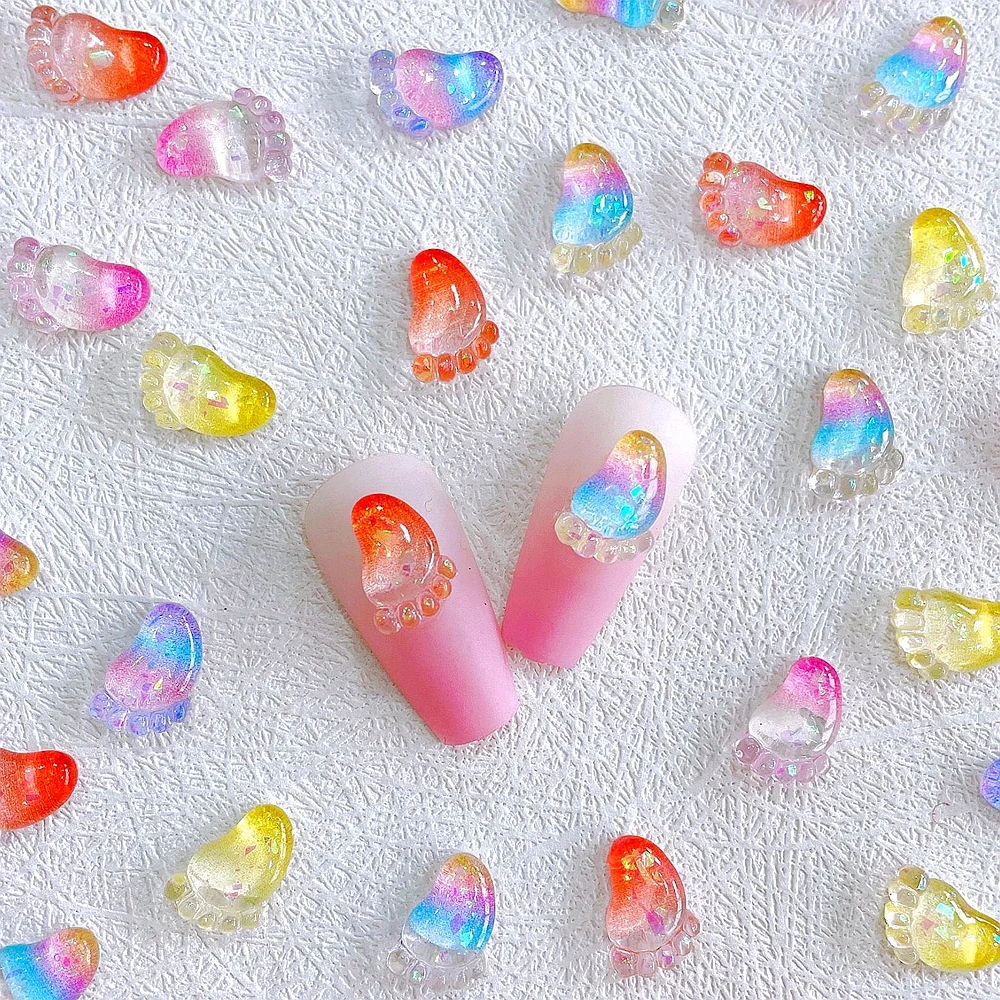 30Pcs 3D Clear Footprint Nail Art Charms Kawaii Accessories Gradient Sole of Foot For Manicure Decor Glitter Nail Art Supplies