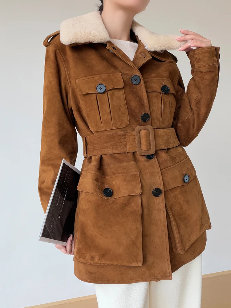 เสื้อแจ็คเก็ตหนังกลับแท้ คอขนสัตว์ธรรมชาติ สำหรับผู้หญิง ฤดูหนาว ดีไซน์เรียบหรู สไตล์วินเทจ ทรงเข้ารูป พร้อมเข็มขัด หนังแพะแท้ บุด้วยขนห่าน