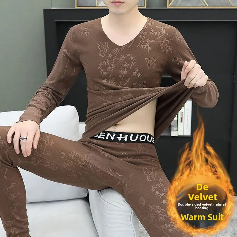 남성용 무봉제 보온 내의 세트 겨울용 가을용 청소년용 롱존 잠옷 양면 벨벳 세트