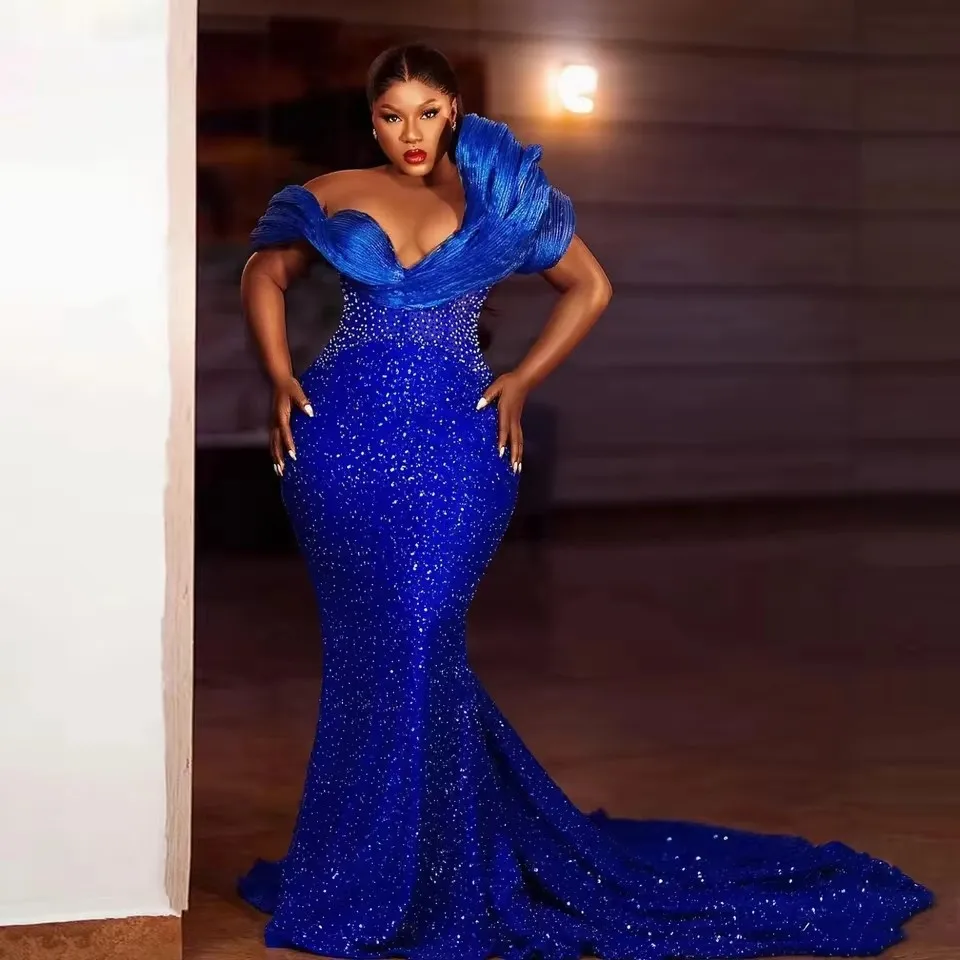 

Aso Ebi королевские синие вечерние платья с бусинами, африканские платья русалки для выпускного вечера для женщин, свадебные платья 2026 по индивидуальному заказу