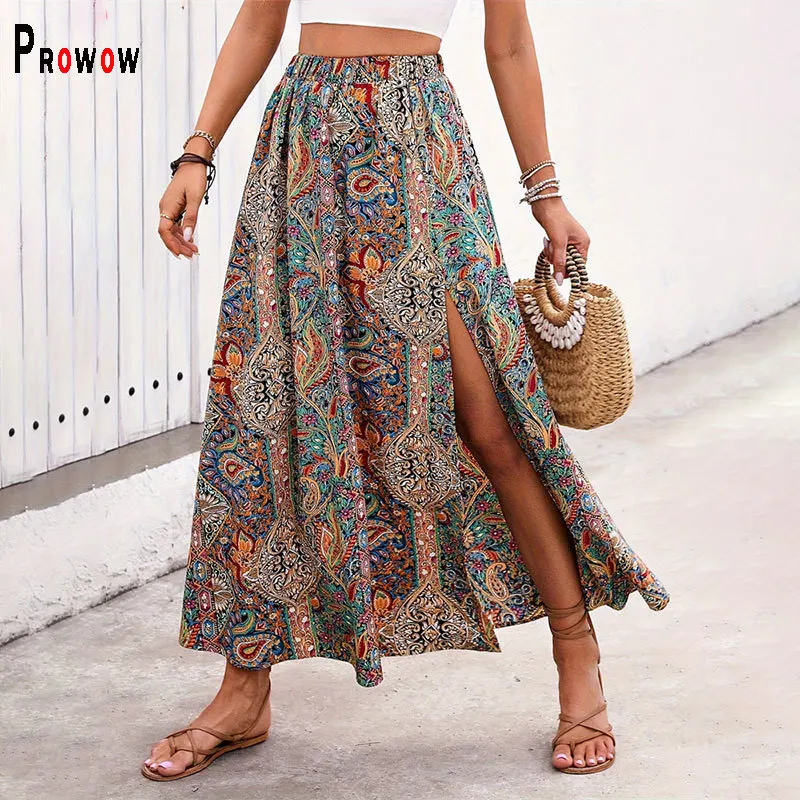 

Prowow Bohe Style Aesthetic Print Women's Skirts 2025 New Summer Elastic Waist A-line Slim Fit Female Bottom Clothing Skirt