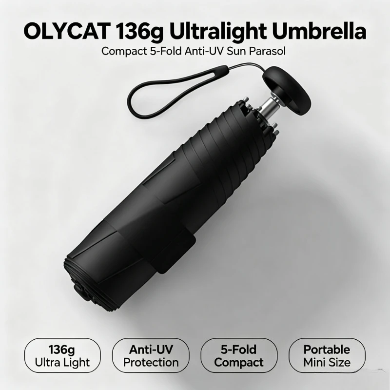 OLYCAT 136g Ultralight 5 Folding Sun Umbrella, Anti-UV Compact Portable Mini Foldable Parasol