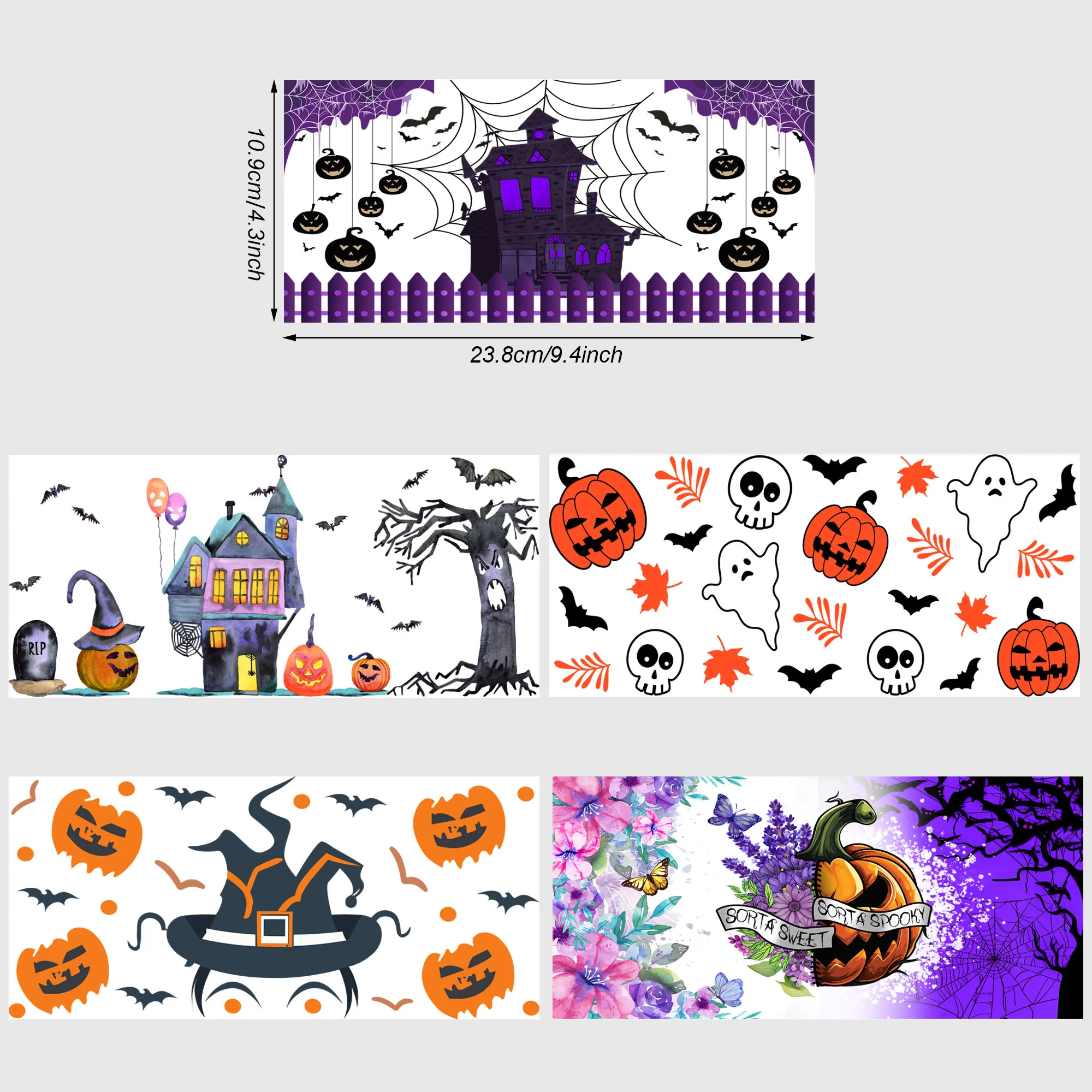 5 Sheets Halloween UV DTF Glass Stickers 16 oz, DTF Cup Sticker Transfer, Waterproof Friction Transfer Stickers