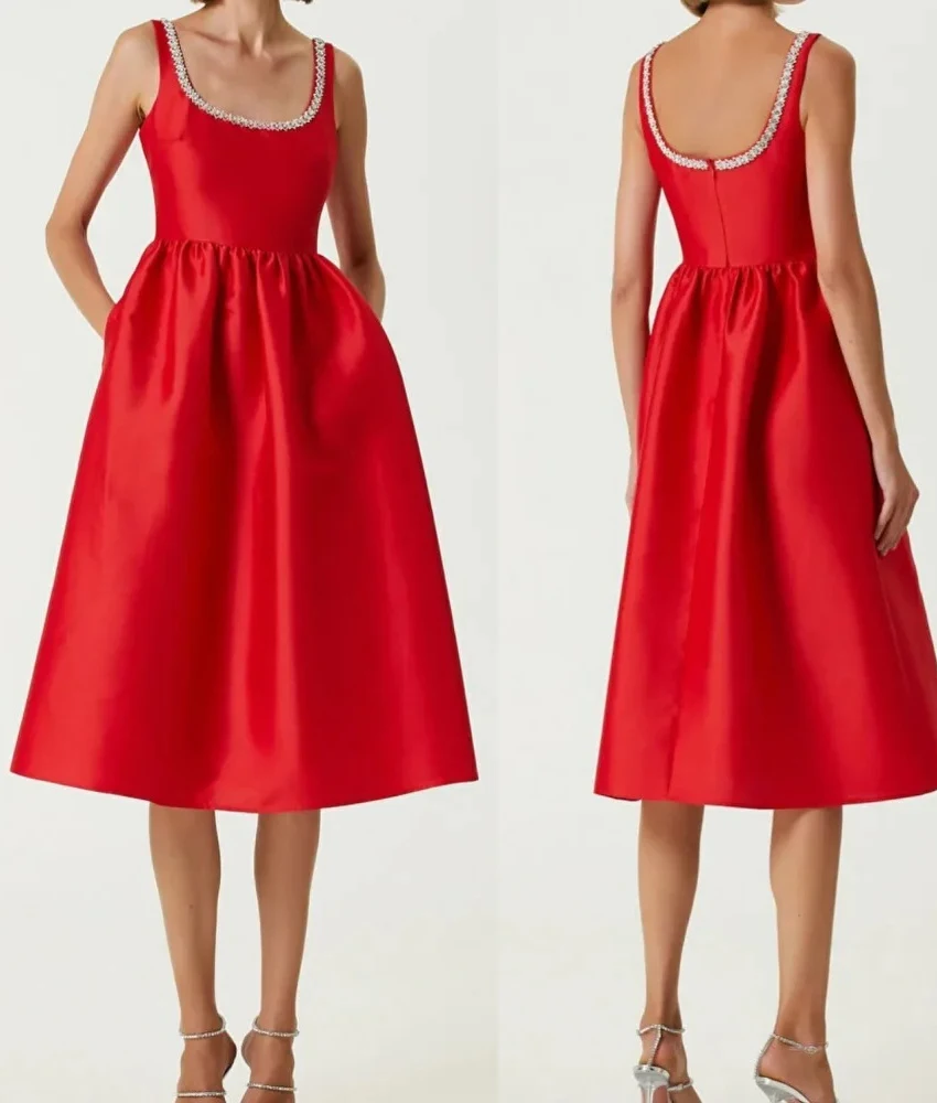 

Customized Luxury Satin A-Line Spaghetti Straps Crystal Evening Dress Temperament O-neck Sleeveless Knee Length Party Gowns