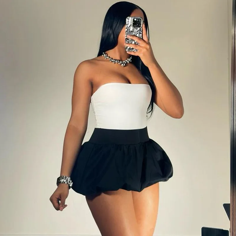 Fashion Solid Bubble Ruched Mini Skirts Women Elastic High Waist Slim Puff Skirts Summer New Female Matching Streetwear