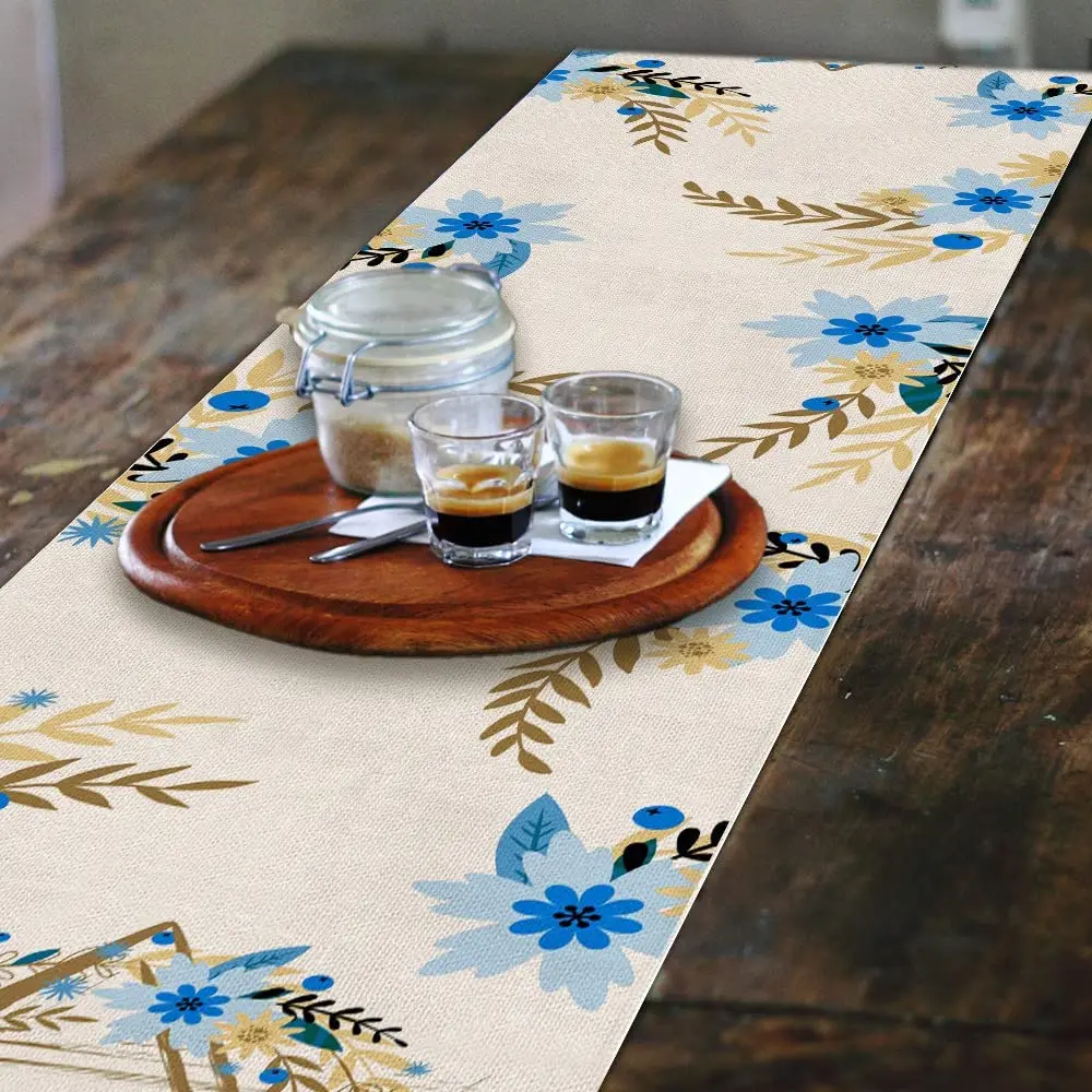 Happy Passover Blue Flower Hanukkah Linen Table Runner Home Decorations Jewish Anniversary Holiday Table Runner for Party Decor