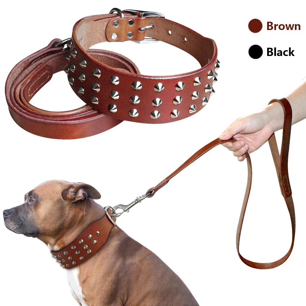 Zestaw smyczy z prawdziwej skóry dla średnich i dużych psów Pitbull Boxer Bulldog S M L Czarny Brązowy