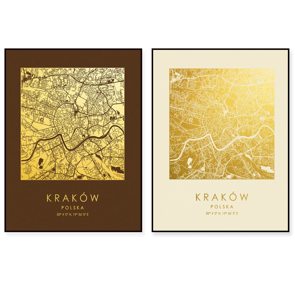 Krakow (Krakow) map printing, Krakow square map wall decoration canvas poster, Krakow street map, Poland, GoldenGraphy